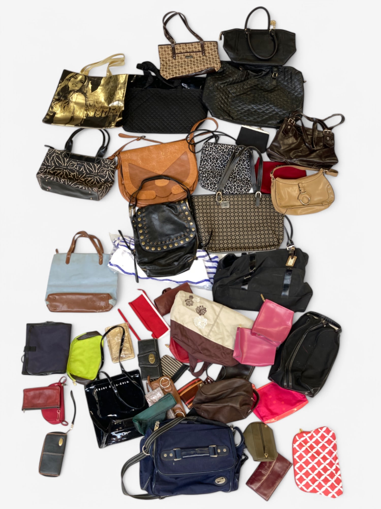 Lg. Lot of Purses, Travel Bags, & More - Nine West: The lot contains wallets, toiletry bags, make up bags, purses, a duffel bag, and more. Some of the brands included are Nine West, Nine & Co., Victoria's Secret, Vaporetto, Azarro, Coca Cola, Sephora,