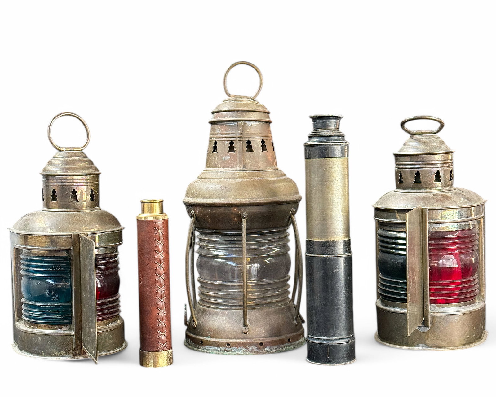 Lot: 3 Ship Lanterns, 2 Hand Telescopes. (1 of 6)