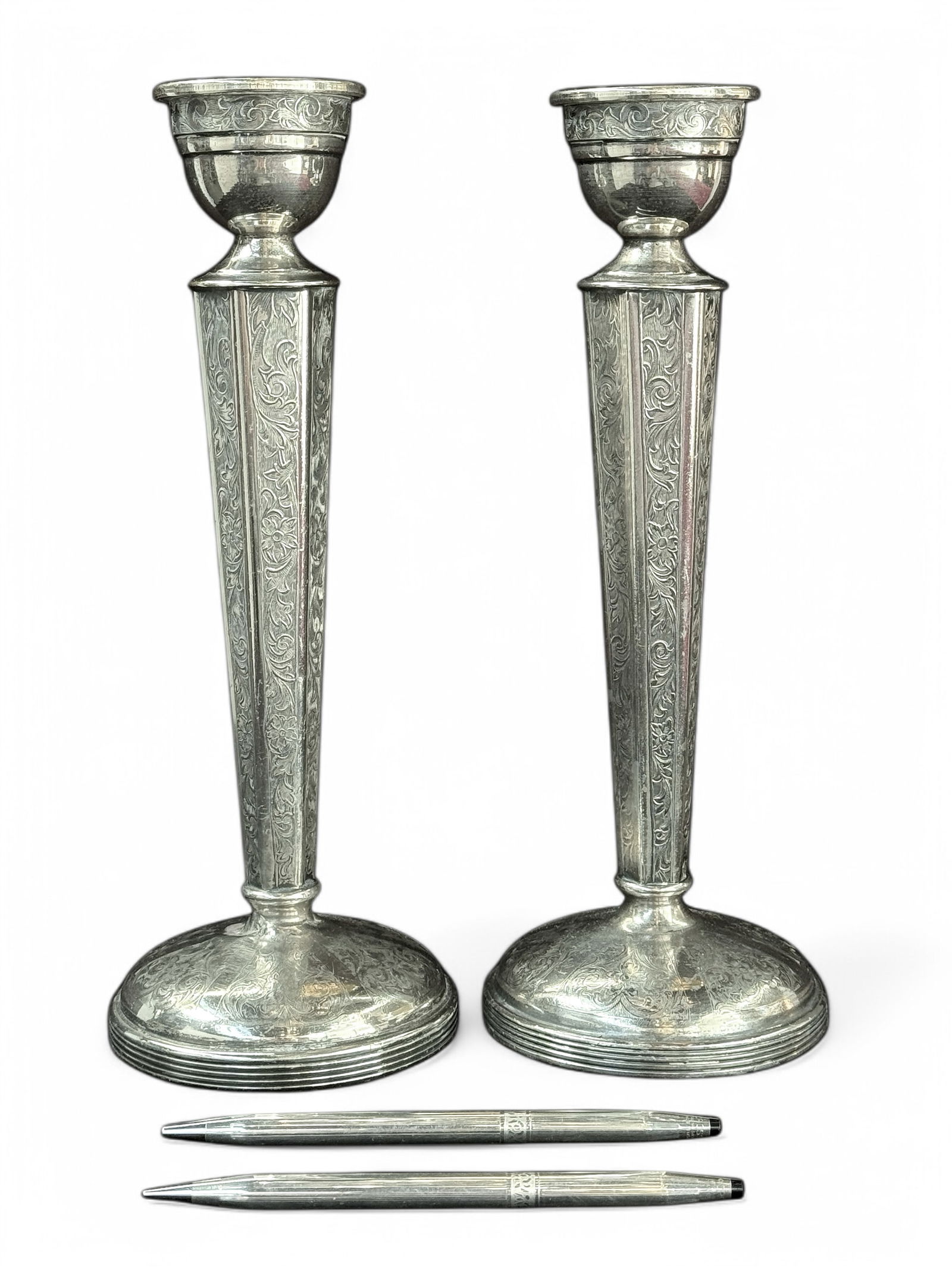 Lot: Sterling Cross Pens, Silverplate Candlesticks (1 of 5)