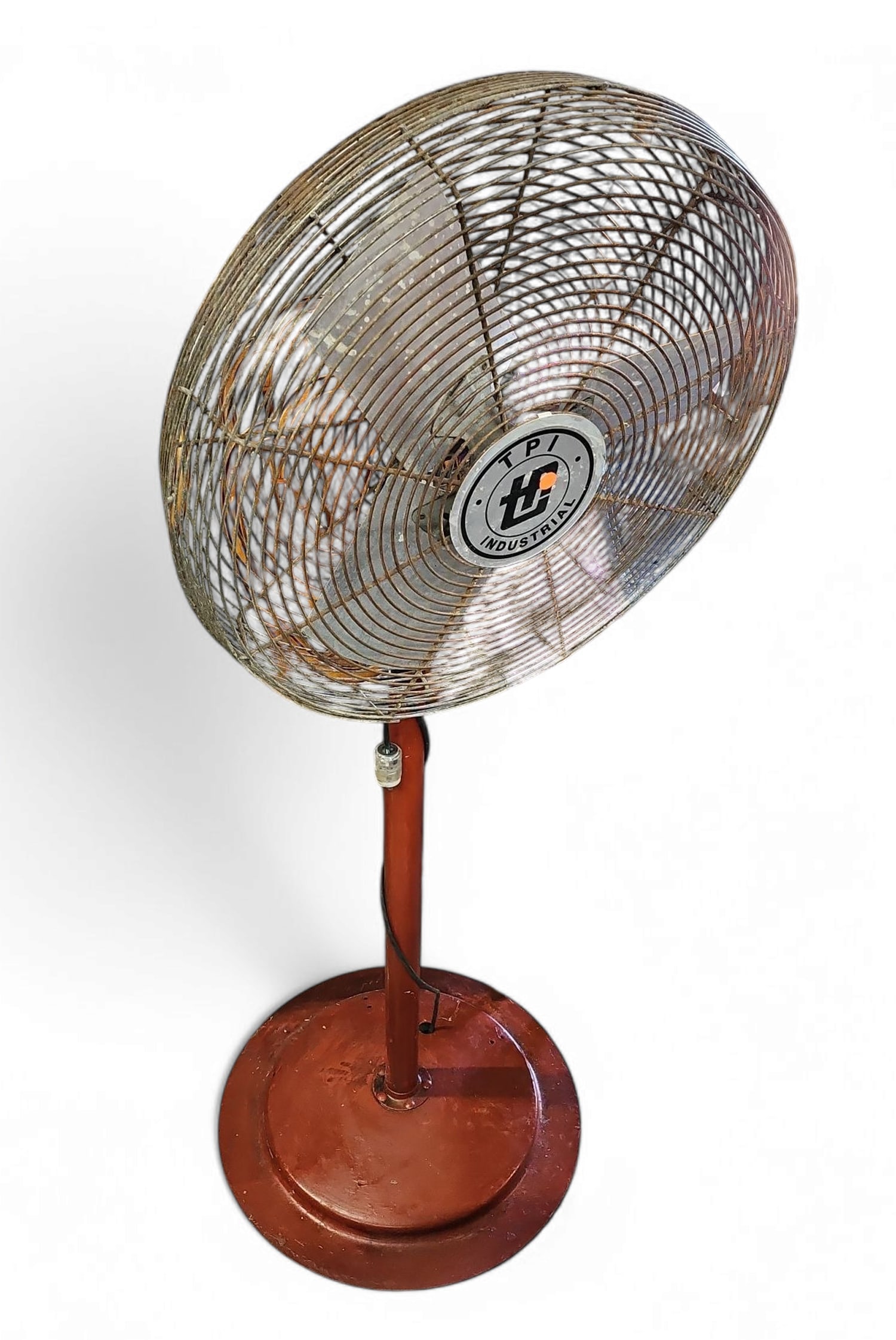 TPI Industrial Adjustable Fan, Red Color.: It works! This industrial fan has a red base. It measures 64 1/2" tall, 26" wide, and 22" deep. There are scratches and stains on the piece. Otherwise, it is in overall good condition. Third-party fre