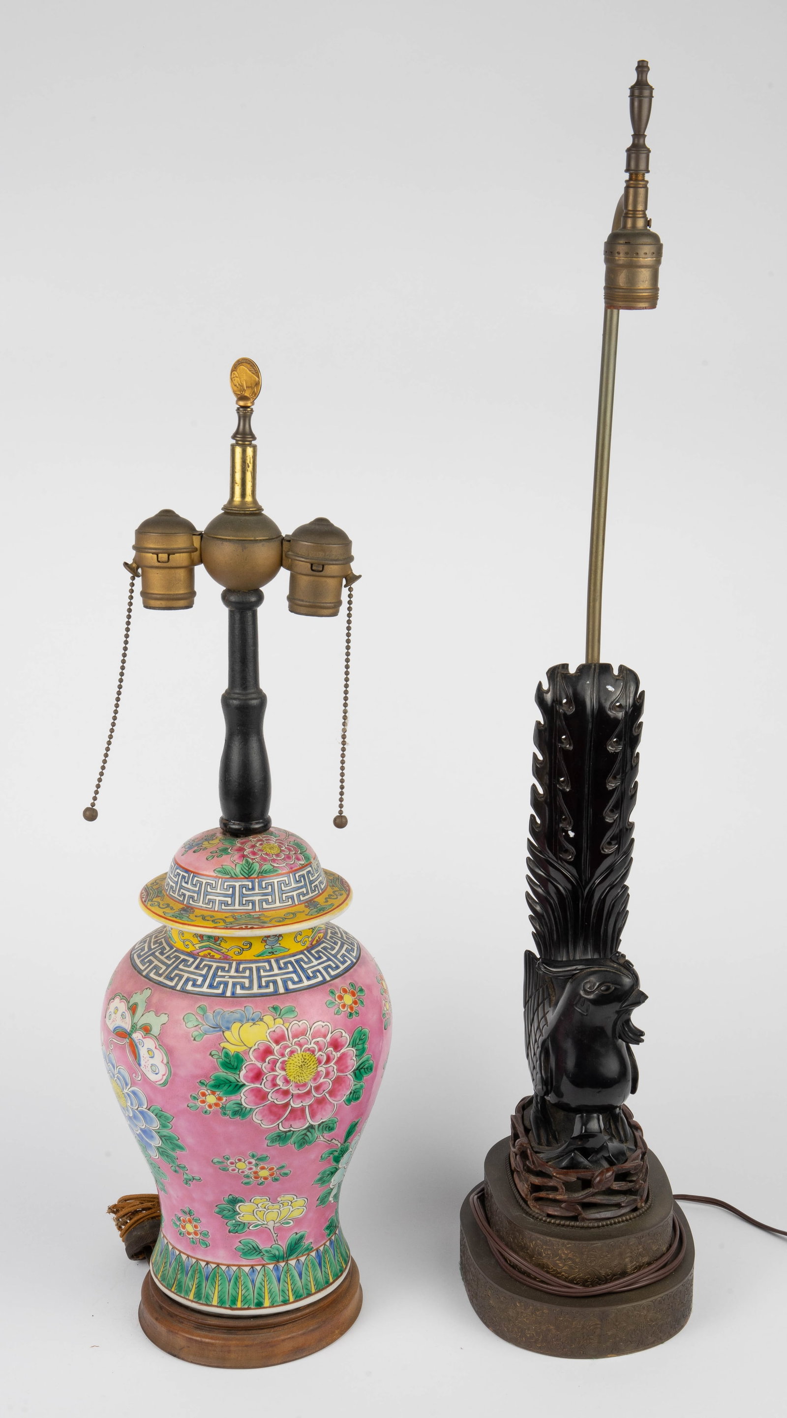 Lot of 2 Antique Lamps: Ginger Jar & Bird.: Both of these lamps are converted from decorative objects. One is a pink Chinese ginger jar, which will need rewiring. Please note that the lid is a bit loose; it is not tightly secured. The other lam