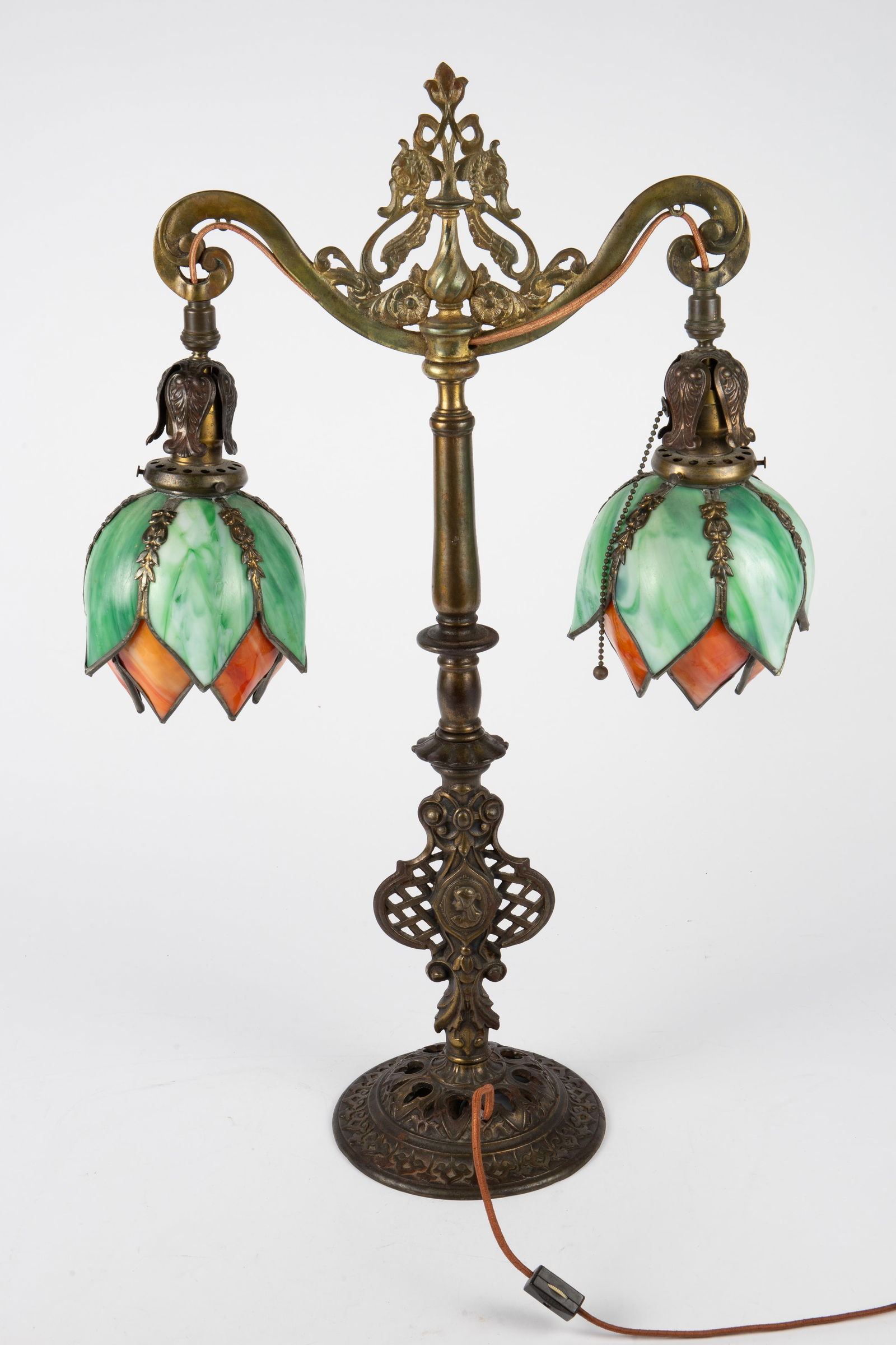 Victorian Cast Iron Lamp w/ Slag Glass Shades. (1 of 8)