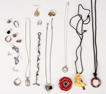 Lot: Designer & Sterling Jewelry - Locke, Haskell: The lot includes 11 pieces of jewelry, and some single sterling silver earrings. The lot features a Patricia Locke necklace and bracelet, a Miriam Haskell fortune cookie pendant, and a Heidi Daus flow