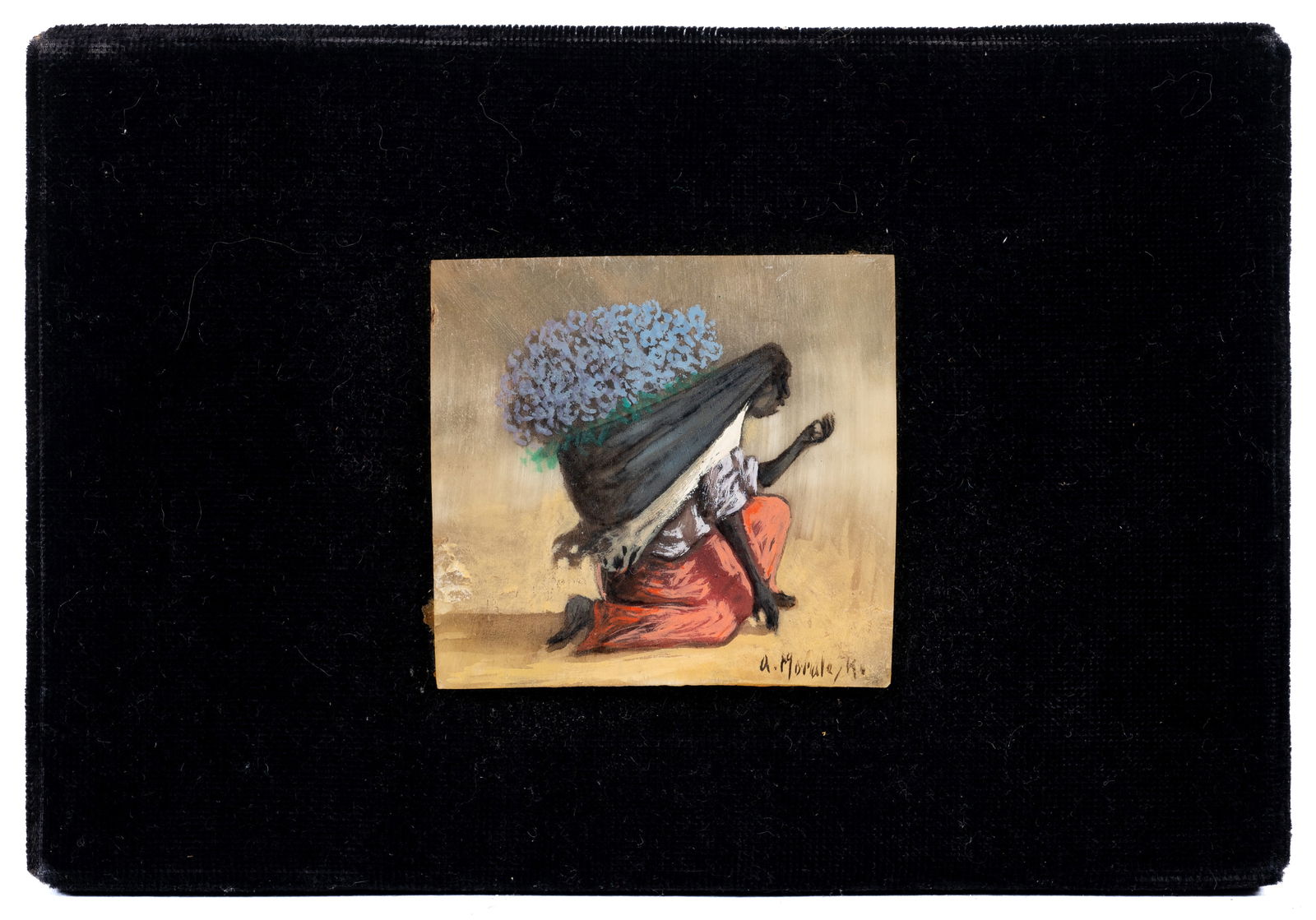 Small Figural Painting on Bone, Armando Morales.: Artist(s): Armando Morales Sequeira (Nicaragua, 1927-2011) Medium: Painting on bone. Signature(s): Lower right. Paperwork: N/A Damage: Unframed. Imperfection to the bone, lower left. Measurement(s): 2