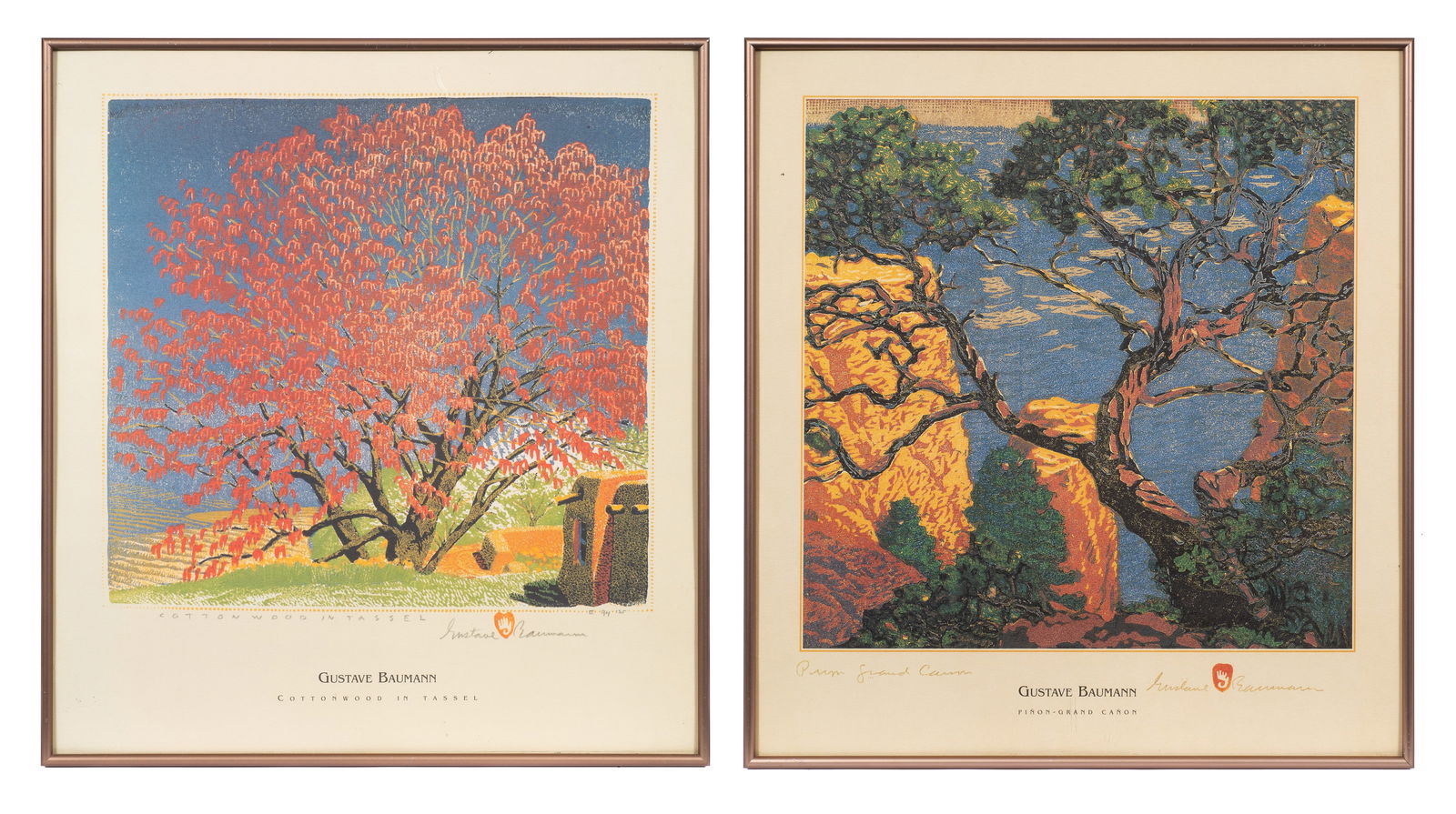 Pair of Gustave Baumann Lithographic Reproductions: Artist(s): After Gustave Baumann (American, 1881-1971) "Pinon Grand Canyon" and "Cottonwood in Tassel" Medium: Lithographic reproduction. Signature(s): Signed and titled in-print in their lower margin