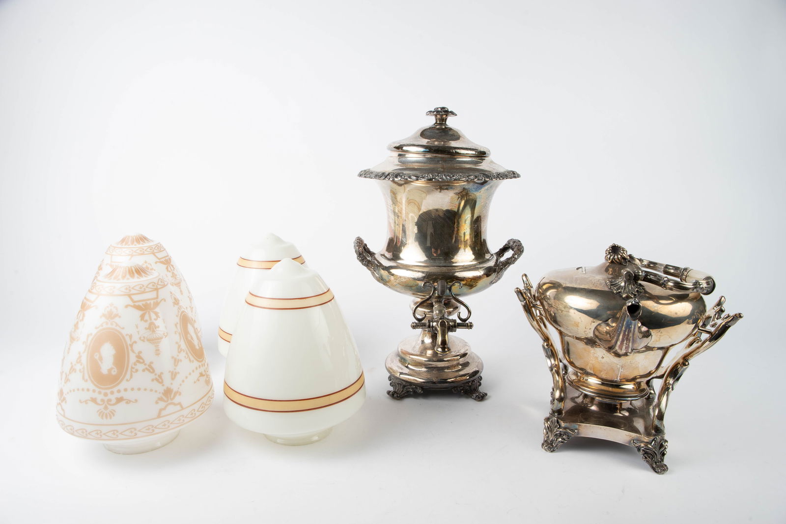 Lamp Shades & Silverplate Coffee Urn & Tea Pot. (1 of 7)