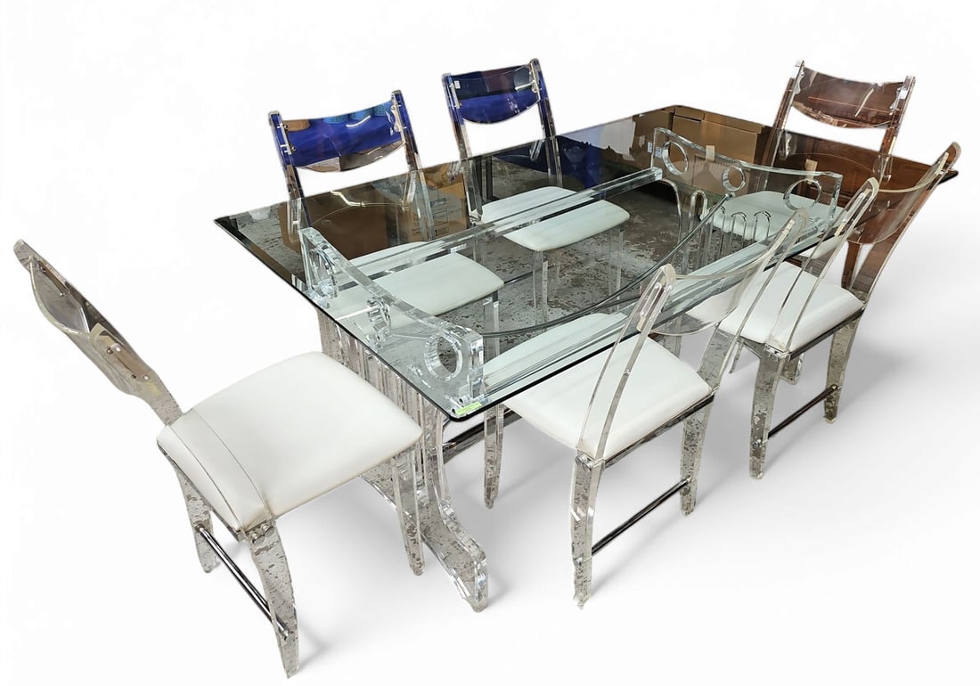 Bevelled Glass & Lucite Table w/ Six Chairs. (1 of 3)