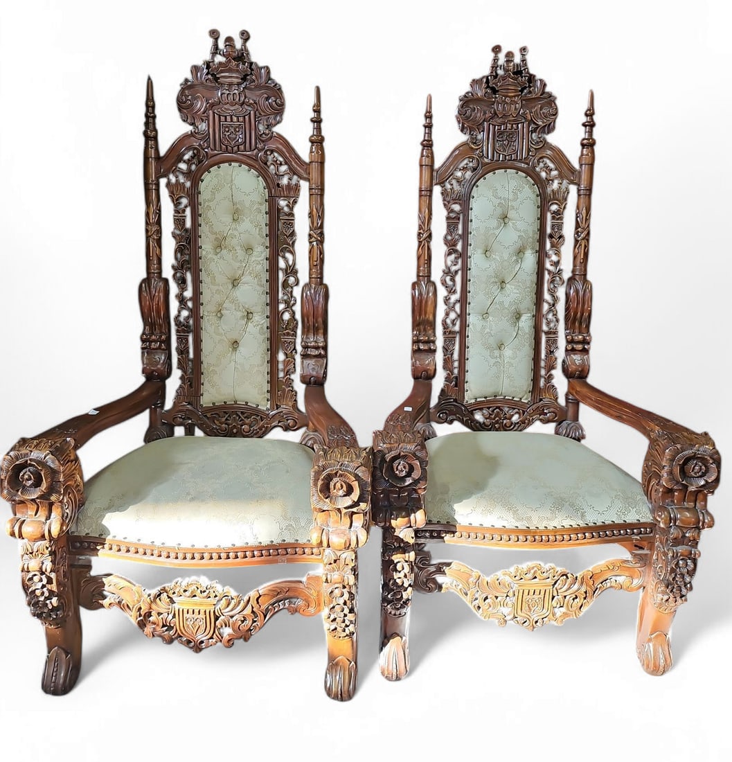 Pair of Large Carved Decorative Throne Chairs. (1 of 4)