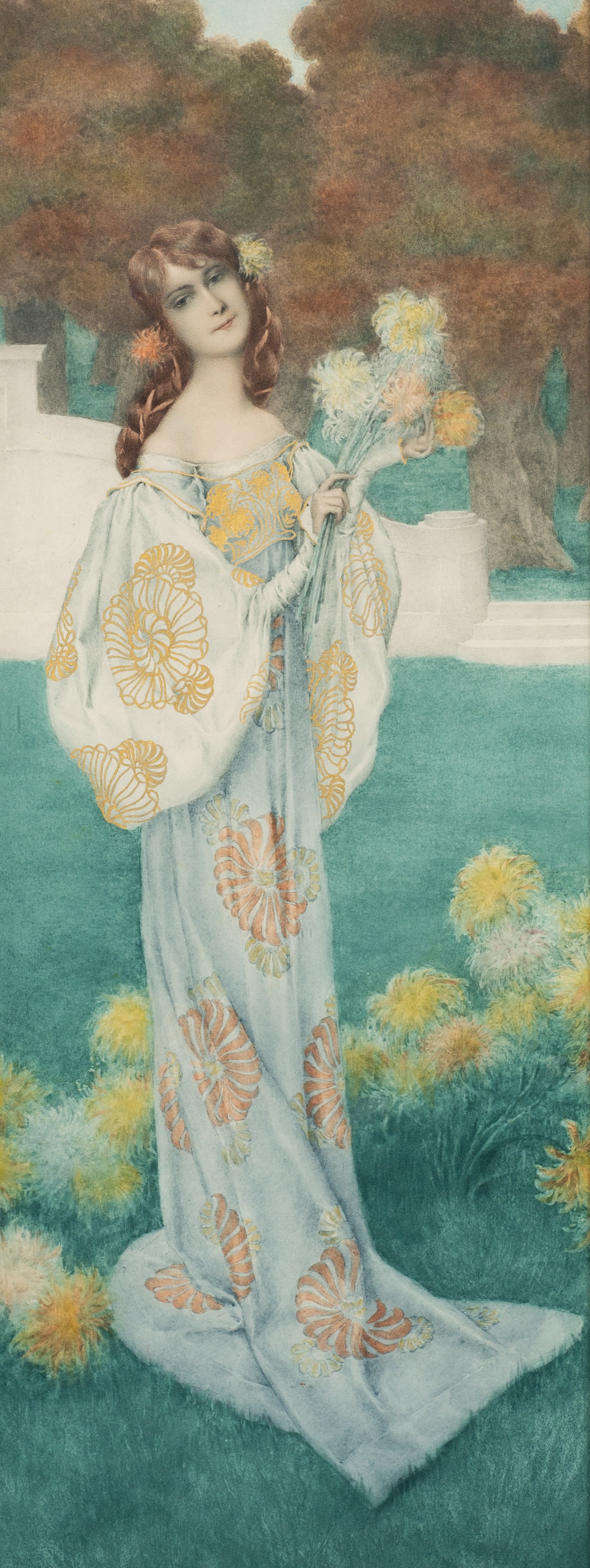 Art Nouveau Print of a Woman, Heinrich Lefler.: Artist(s): Heinrich Lefler (Austrian, 1863-1919) Medium: Color lithograph, heightened with watercolor and gilding. Signature(s): In-print, lower right. Paperwork: N/A Damage: The veneer on the frame i