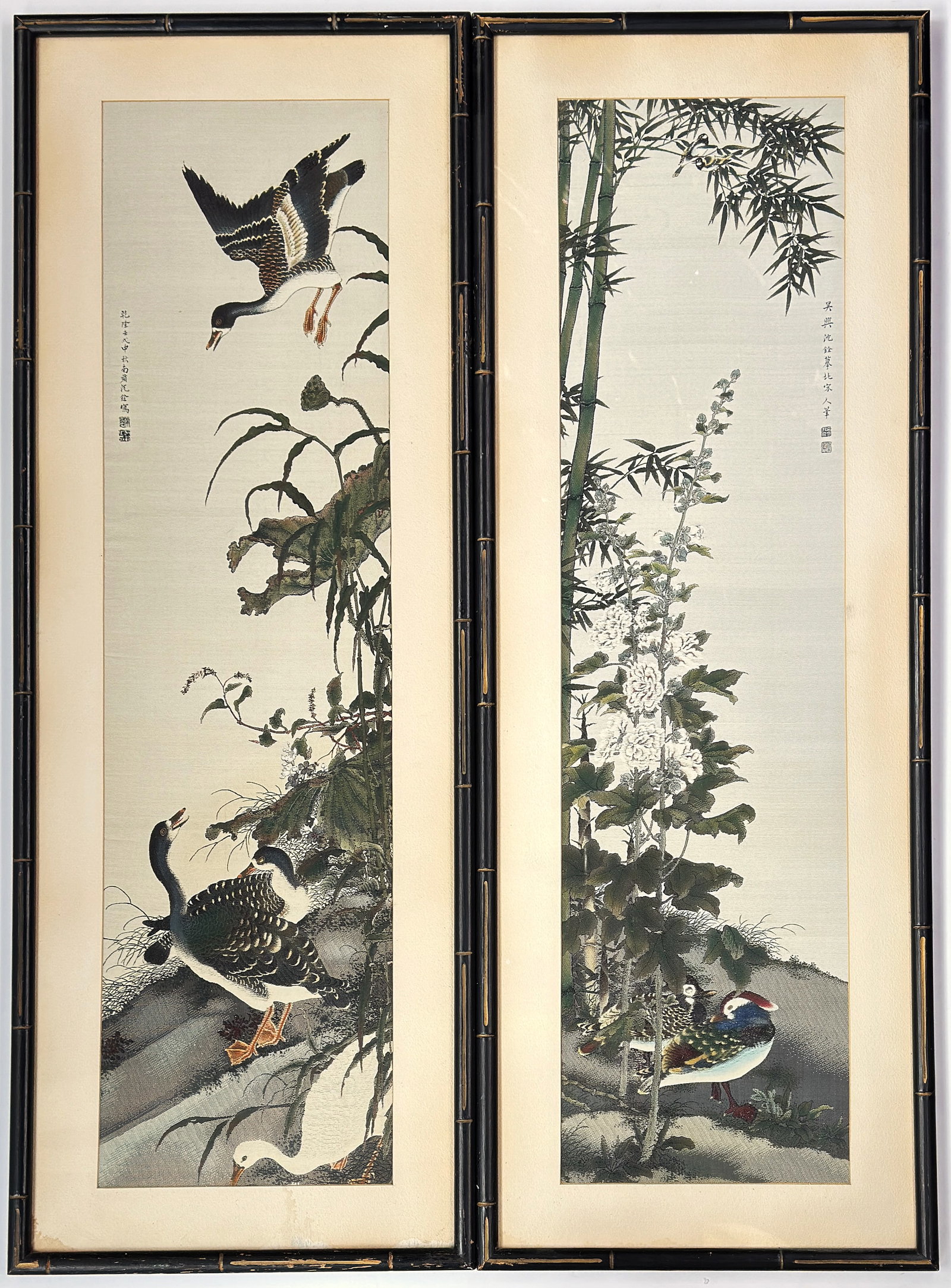 Pair of Chinese Early 20th Century Embroideries.: These each have the artist's seal on them. They are in good overall condition, though one of them has some wrinkles on one side. The viewable image area on each of these measures 35" x 9 1/2". The fra