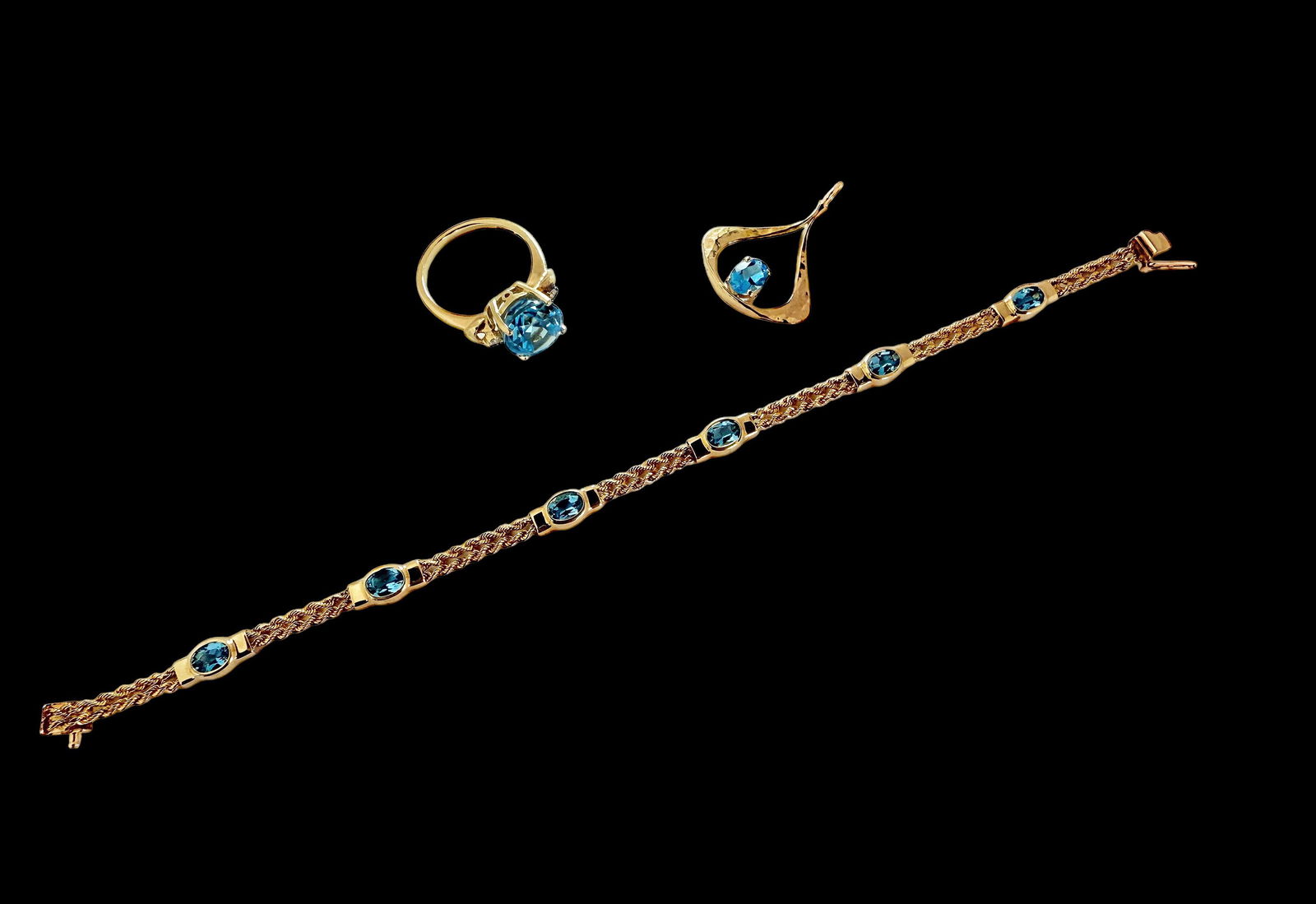 14K Gold & Blue Topaz Bracelet, Ring, & Pendant. (1 of 5)
