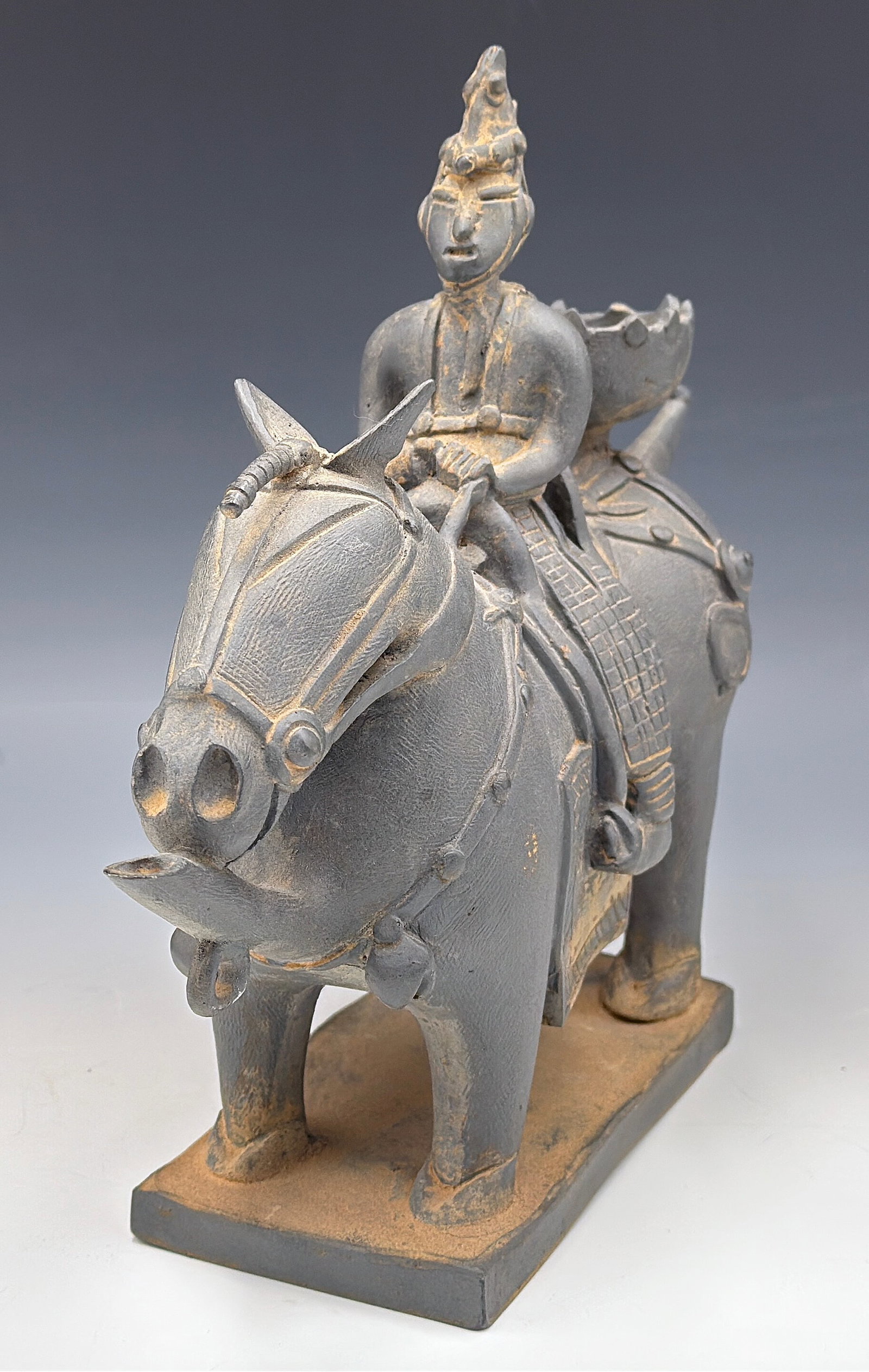 Korean Clay Figure of Warrior on Horse.: The figure is in good overall condition, but has some dust. It measures 9 3/8" tall, 11 1/2" long, and 3 3/8" wide. In-house shipping is available. Please see our website regarding in-house shipping p
