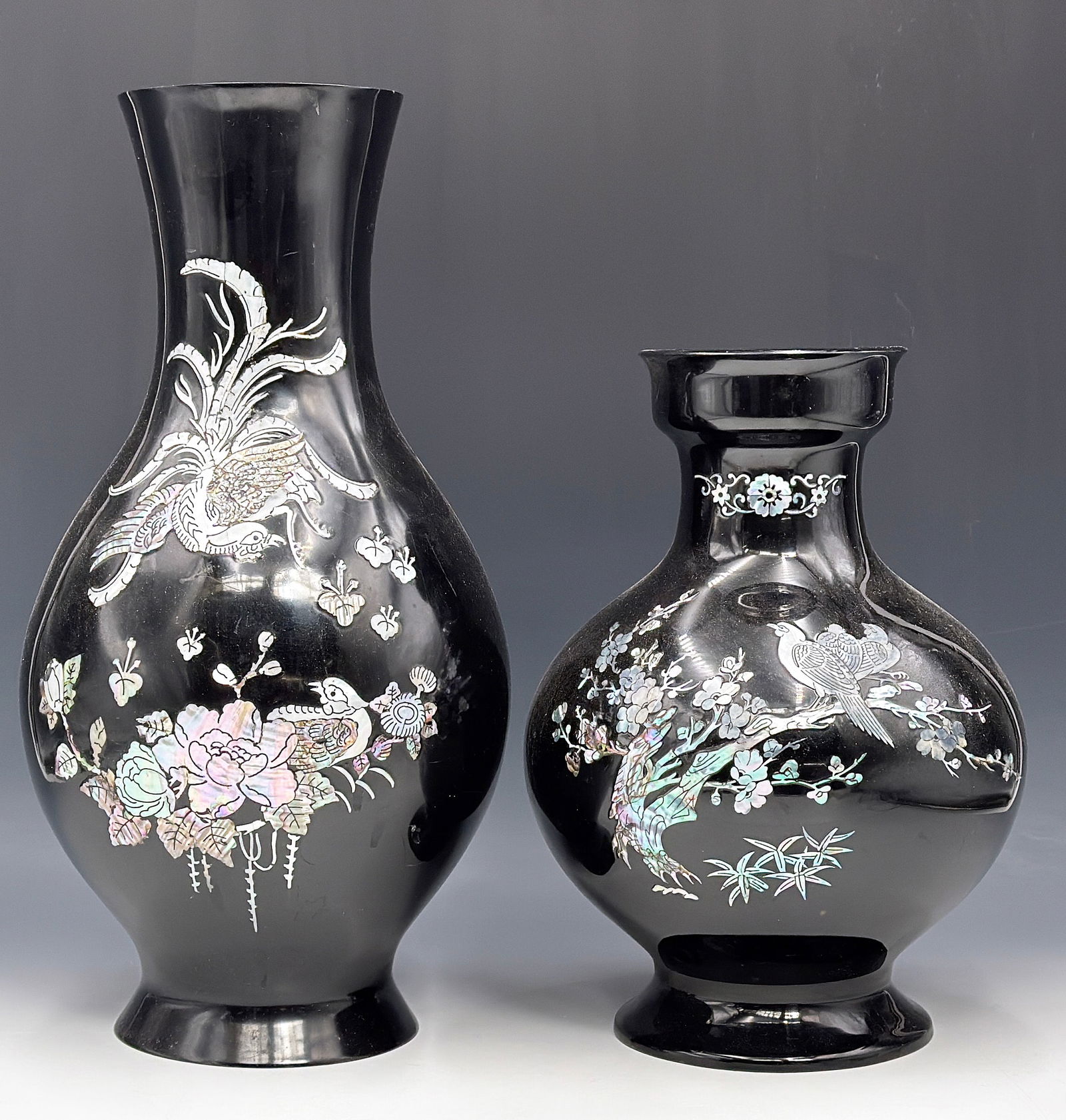 Lot: 2 Asian Mother-of-Pearl Black Lacquer Vases. (1 of 4)