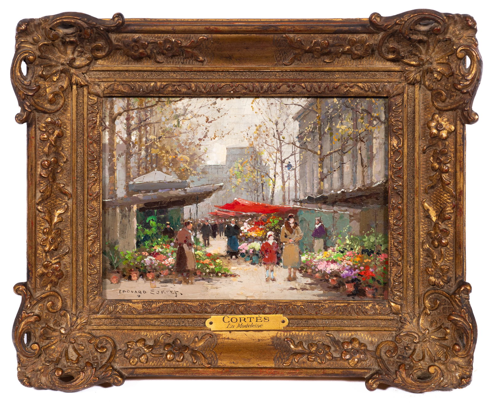 La Madeleine, Street Scene After Edouard Cortes.: Artist(s): Edouard Leon Cortes (French, 1882-1969) Medium: Oil on panel. Signature(s): Lower left. Paperwork: N/A Damage: Craquelure throughout, and a crack through the figures in the bottom right cor