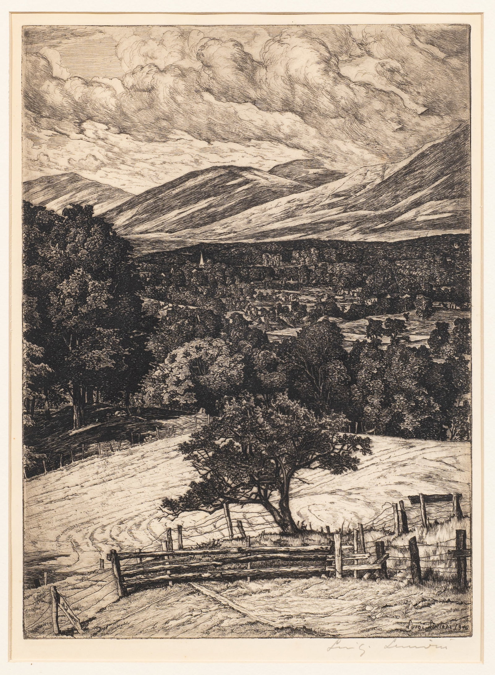 The Steeple in the Mountains, Luigi Lucioni.: Artist(s): Luigi Lucioni (Italian, 1900-1988). Medium: Etching on paper. Signature(s): Pencil signed, lower right. Paperwork: Associated American Artists label attached en verso. Damage: Signs of foxi