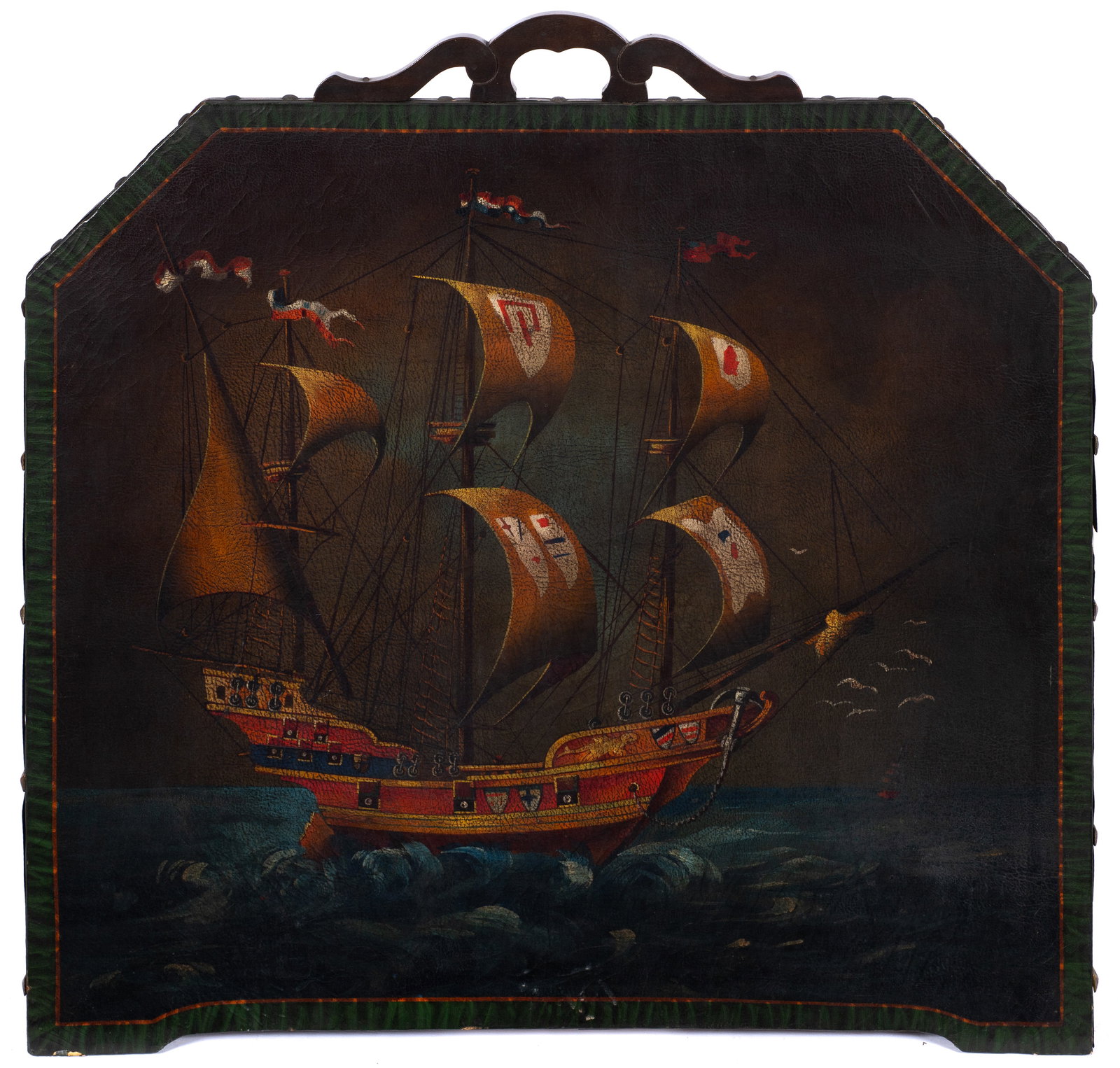 Ship at Sea, Unsigned Painting on Leather.: Artist(s): Unknown. Medium: Oil on leather. Signature(s): Unsigned. Paperwork: N/A Damage: Craquelure and general surface grime. Signs of paint loss to the lower margins. Measurement(s): 35" x 36" (ha