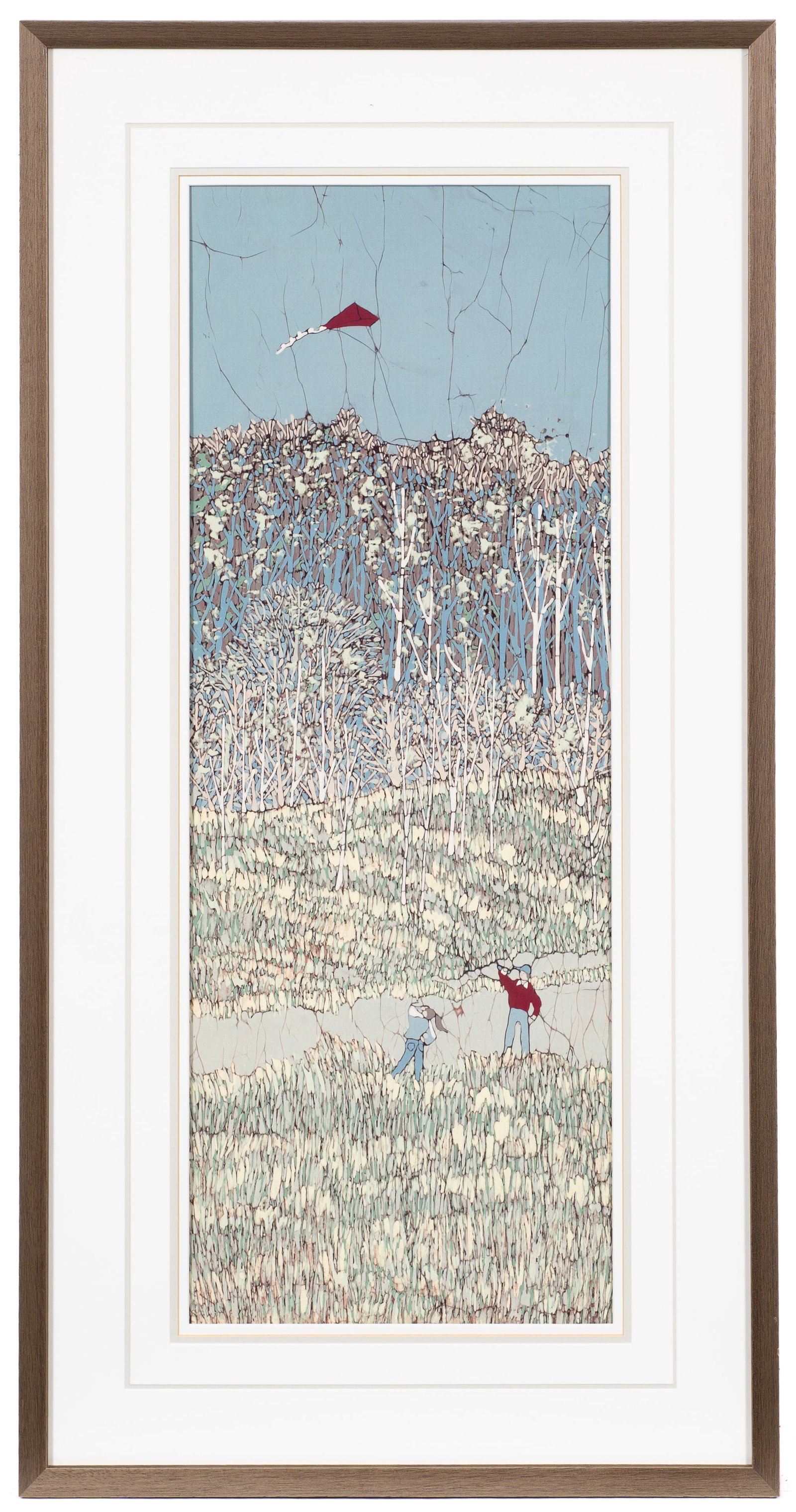 Children Flying a Kite, Batik by Terri Haugen.: Artist(s): Terri Haugen (American, 20th Century) Medium: Batik painting on fabric. Signature(s): Unsigned. Paperwork: Artist label en verso. Damage: No visible signs of damage to the work. Measurement