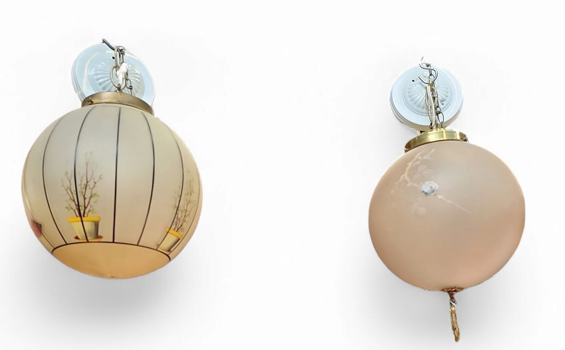 Pair of Frosted Glass Globe Pendant Fixtures. (1 of 3)