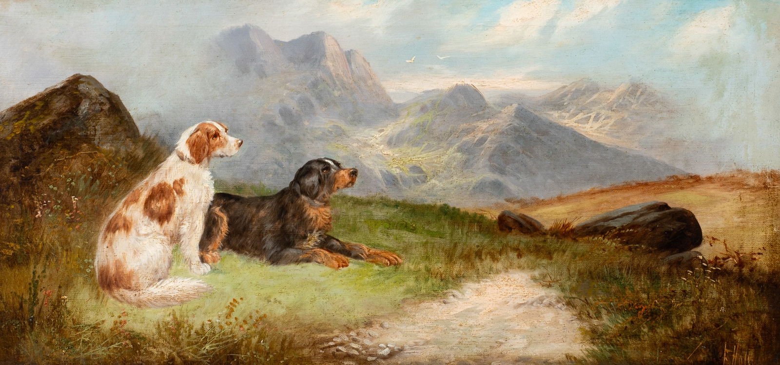 Antique Painting of Dogs in Mountains, F. Holly. (1 of 5)