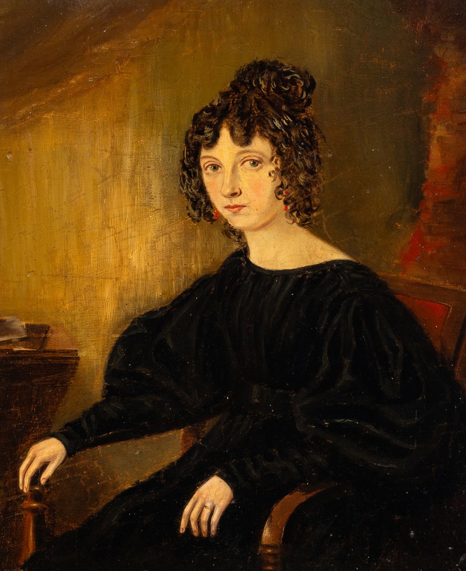 Antique Portrait of a Seated Woman, Unsigned.: Artist(s): Unknown. Medium: Oil on panel. Signature(s): Unsigned. Paperwork: Comes with a tag attributing this work to Juliana Russel (English, 19th Century) from Crost Furniture Store. Damage: Signs 