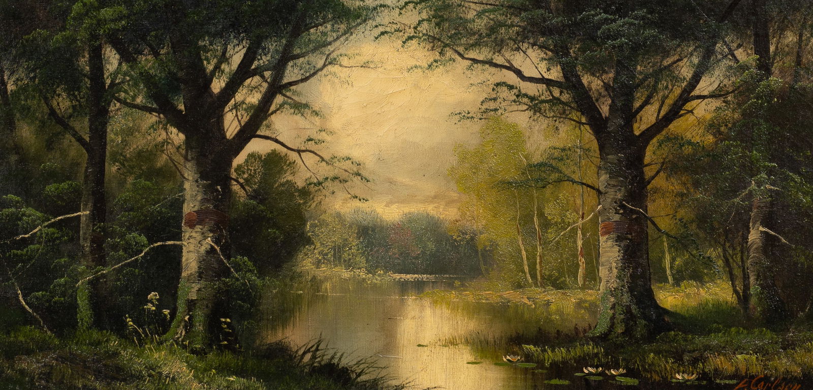 Antique Wooded River Landscape, F. Carlson. (1 of 5)