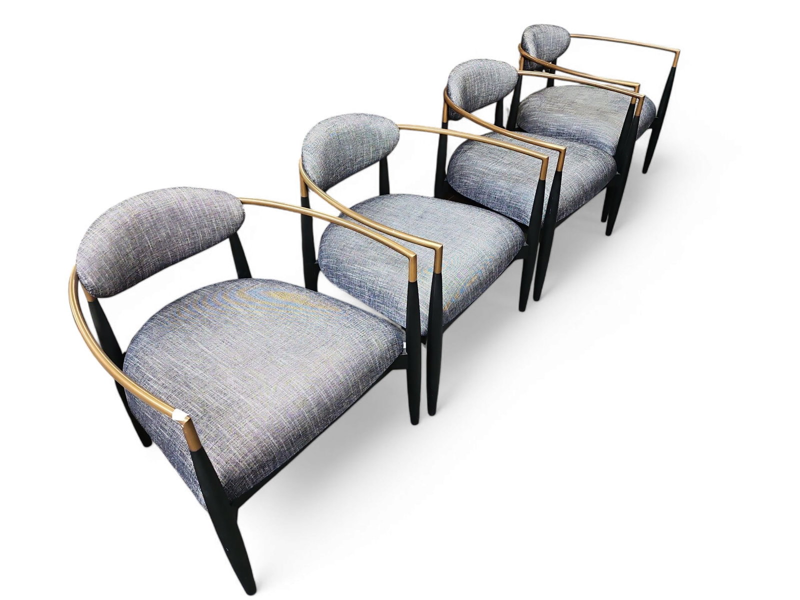 Set of 4 Arhaus Jagger Arm Chairs, Black.: The wooden chairs are painted in black and bronze colors, and have gray upholstery. Each chair measures 29" tall, 27" wide, and 28" deep. There are some scratches, scuffs, and stains on the painted su