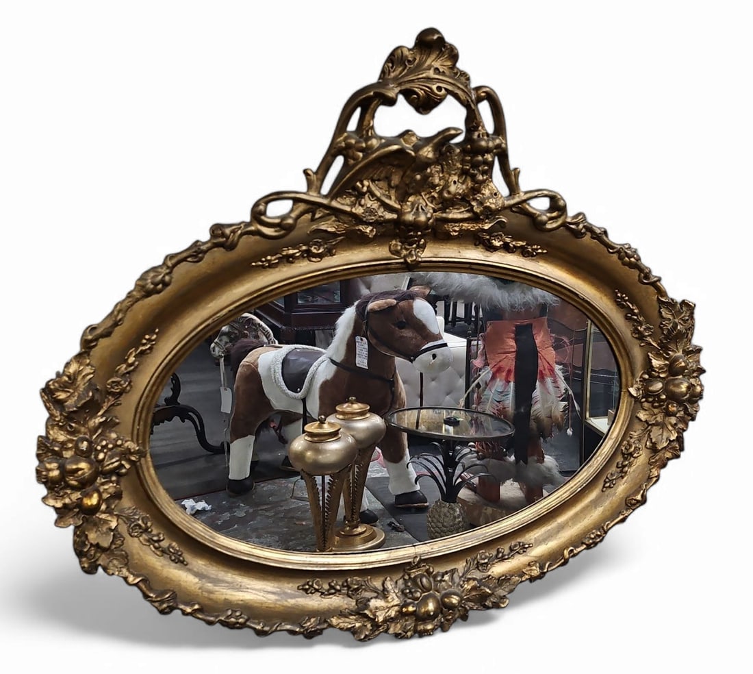 Ornate Gilded Oval Mirror w/ Fruit & Bird. (1 of 2)