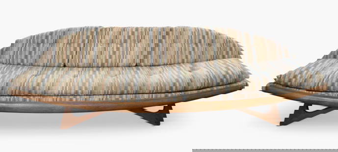 Adrian Pearsall Gondola Sofa, Original Fabric.: This Mid Century Modern sofa by Adrian Pearsall for Craft Associates, USA, features a solid walnut wood frame and the original striped and textured fabric. It measures 29" x 104" x 35". There are some
