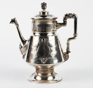 Egyptian Revival American Coin Silver Coffee Pot.