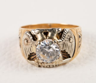 10K Gold Masonic Ring w/ Clear Stone - Craft, 1932