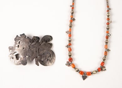 Vintage Silver Tibetan Buckle & Coral Necklace.