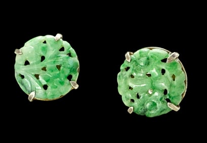 Pr. Old Chinese Carved Jadeite Sterling Earrings.