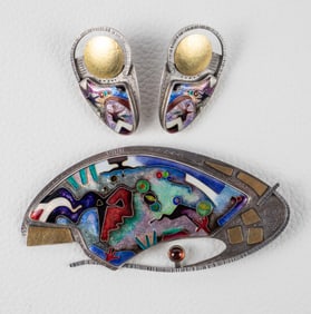 C.R Dunetz Sterling, Enamel, 22K Brooch & Earrings