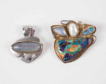 Sterling, Enamel, 14K, Stone Brooch & Pendant, Sgd