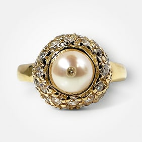 14K Gold, Pearl & Clear Stone Cocktail Ring.