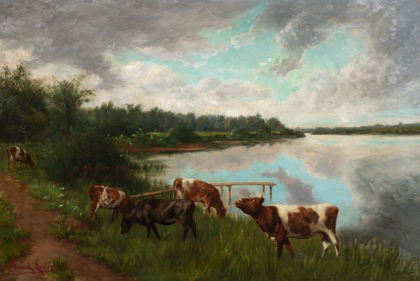 Antique Pastoral Cattle Scene, Frank Enders.: Artist(s): Frank Enders (American, 1860-1921) Medium: Oil on canvas. Signature(s): "Frank Enders", lower left. Paperwork: N/A Damage: Signs of general surface grime, craquelure, and scattered areas of