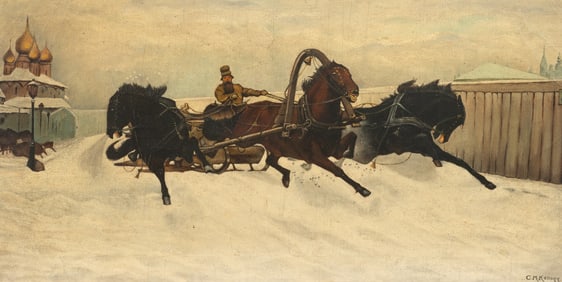 Russian Horse-Drawn Sleigh Scene, Sgd. Kellogg.