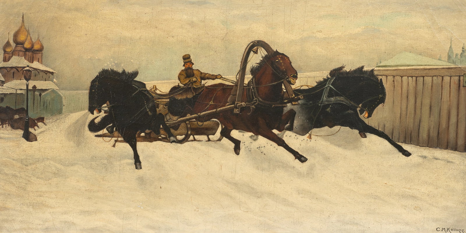 Russian Horse-Drawn Sleigh Scene, Sgd. Kellogg. (1 of 5)
