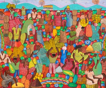 Haitian Market Scene Painting, Jacques Valmidor.