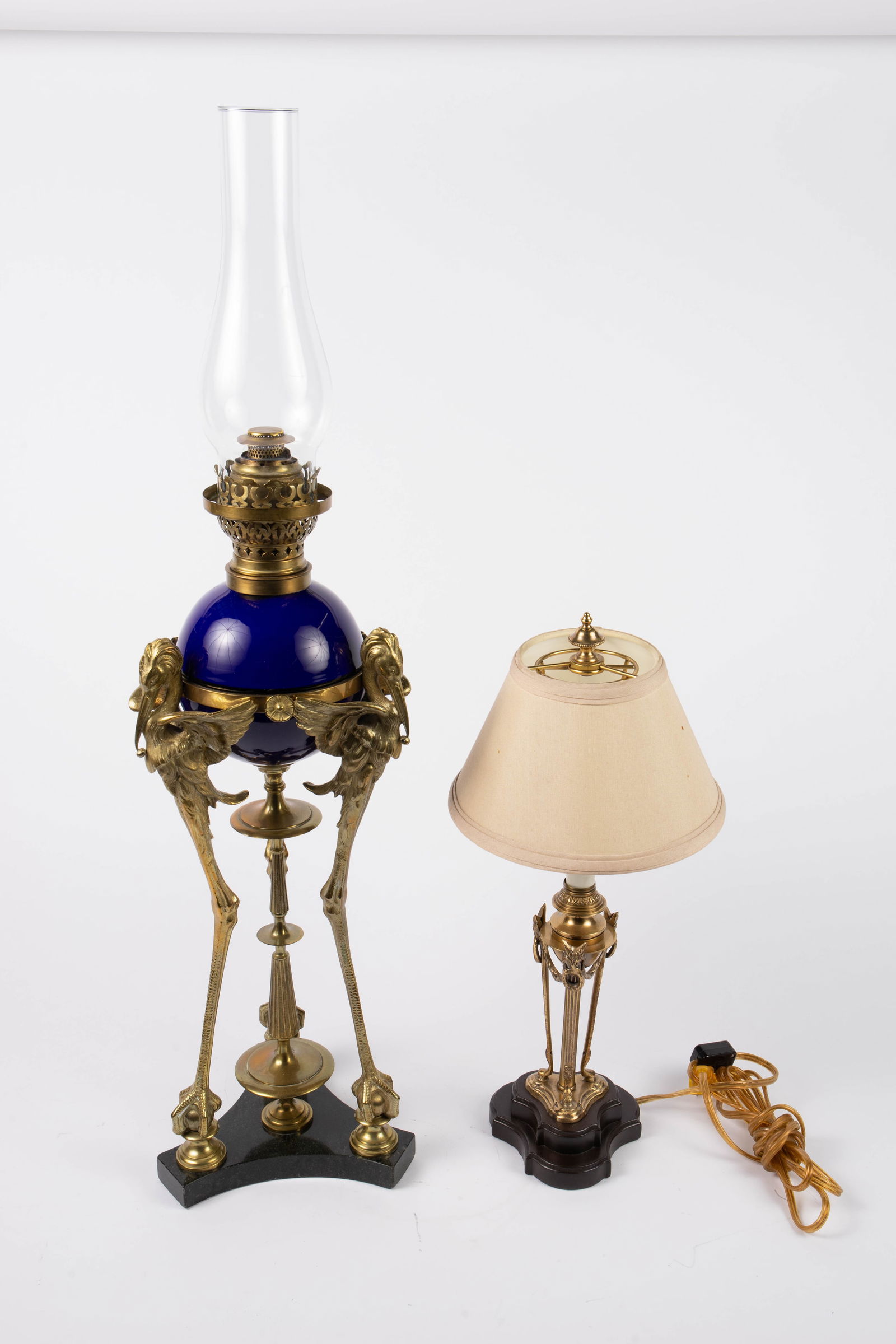 Lot: 2 Brass Lamps Inc. Oil Lamp w/ Stork Figures. (1 of 7)