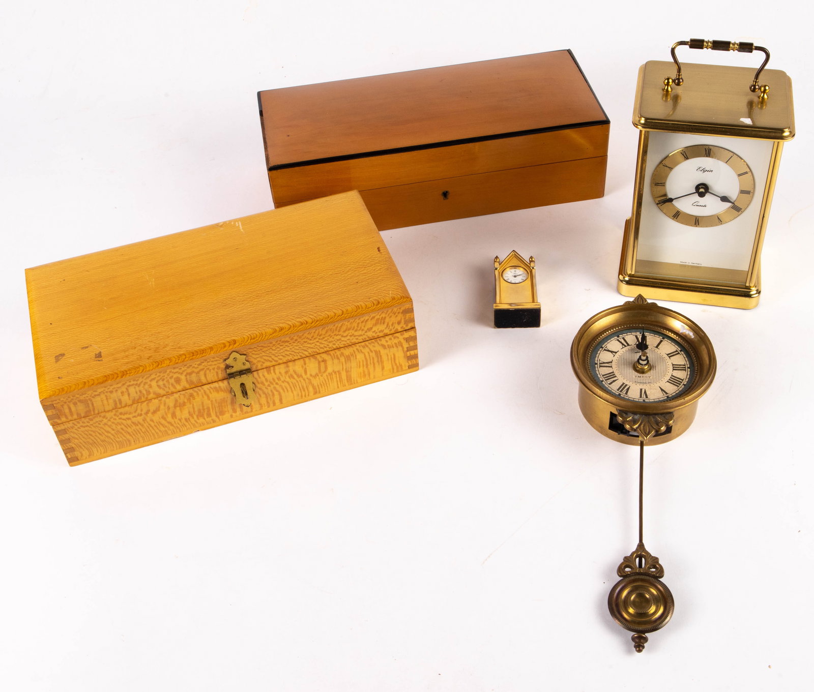 Lot of 3 Brass Clocks & Wooden Boxes. (1 of 8)
