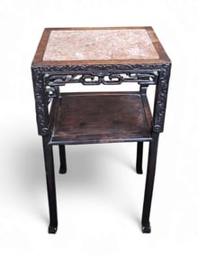 Chinese Carved Rosewood Marble Top Stand.