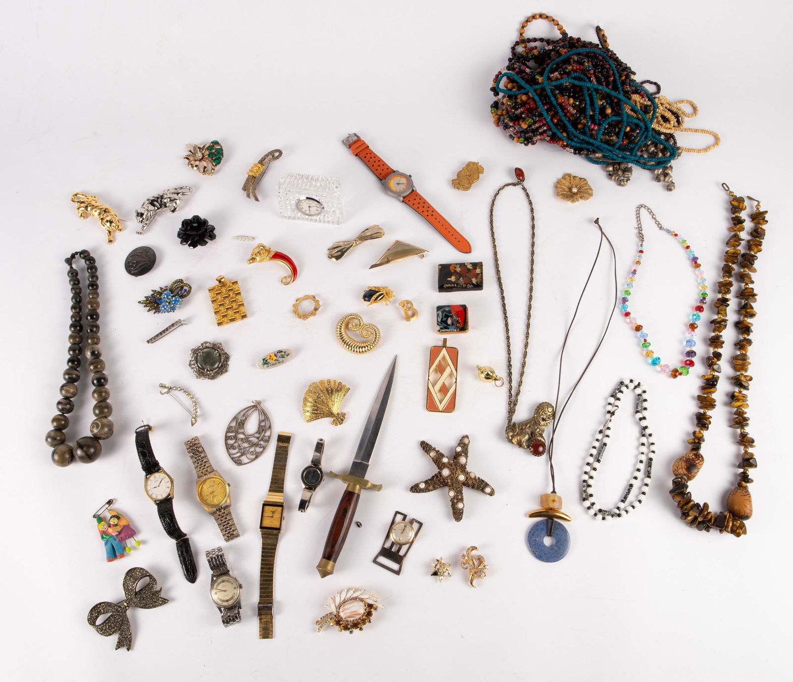 Vintage Watches, Brooches & Necklaces - Stones.: The lot contains 56 pieces of jewelry, including 8 watches. The watches included are M-Watch, Pulsar, Ottimo, Waterford, ESQ, Nova, Seiko, and Elgin 10K gold filled on clip. There is a gold tone brooc