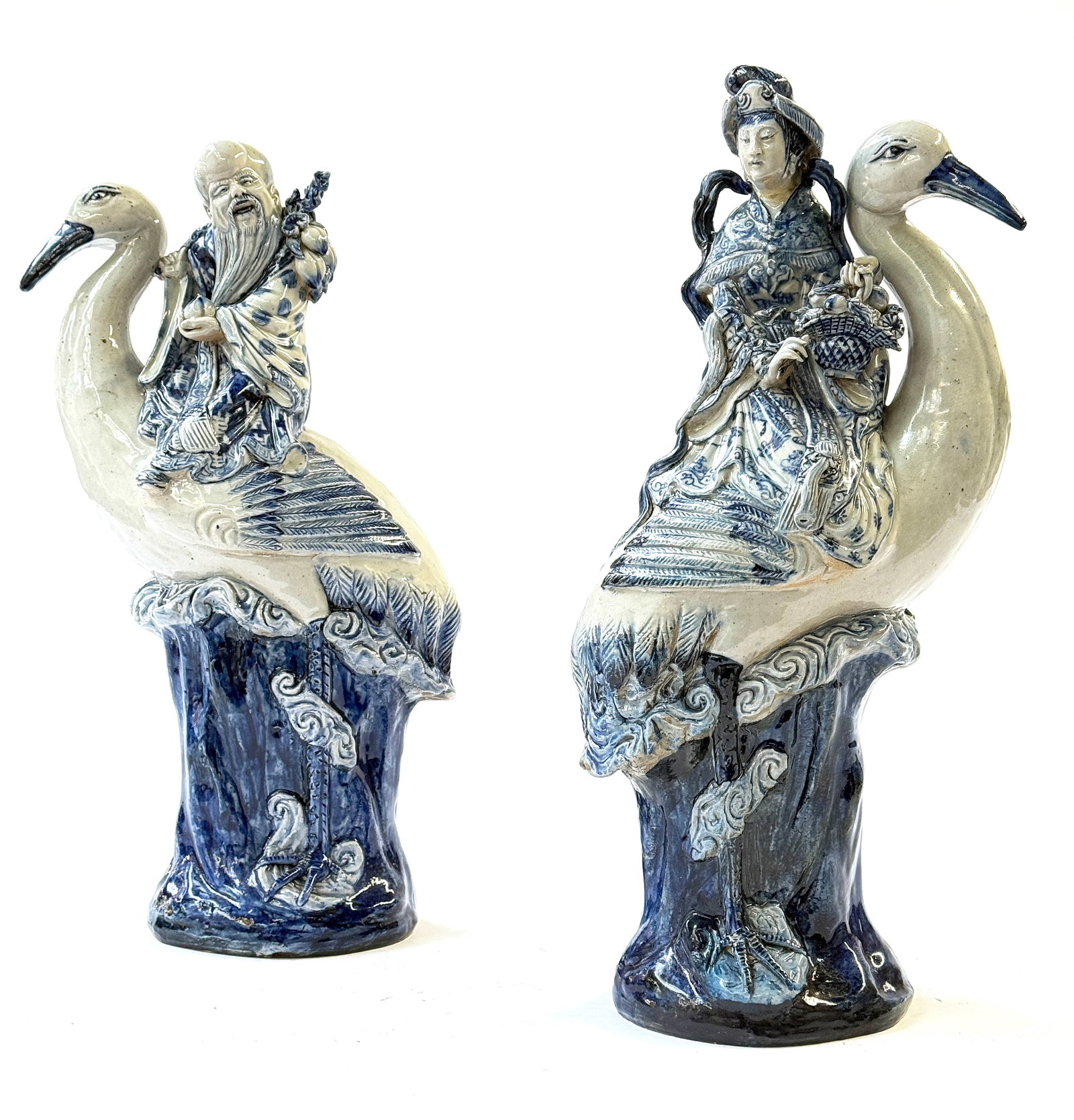 Pair of Antique Man & Woman on Crane Figures. (1 of 7)