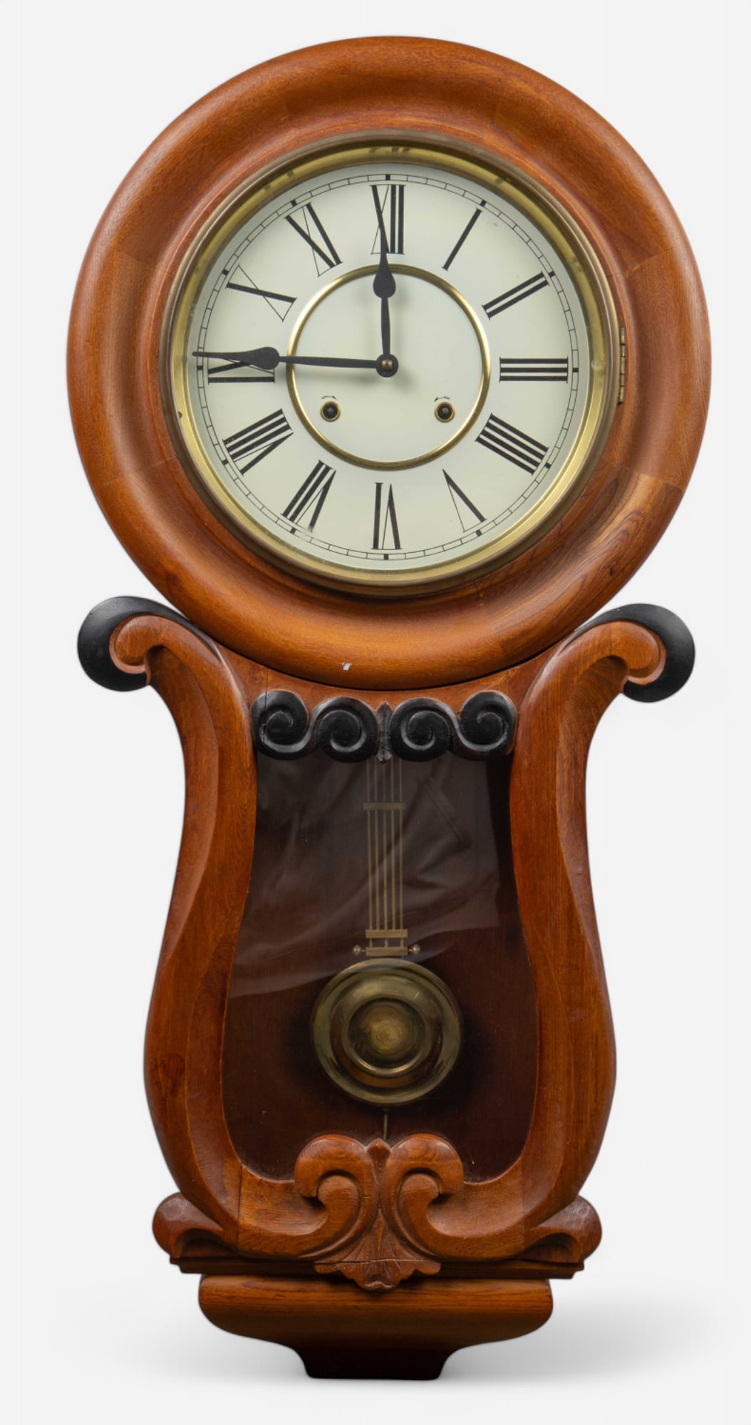 38" Wall Regulator Clock.: The working condition is unknown. The glass door in front of the dial is a little loose in its metal frame, and is chipped in a few places. The wood also has cracks in a few areas. The dimensions of t