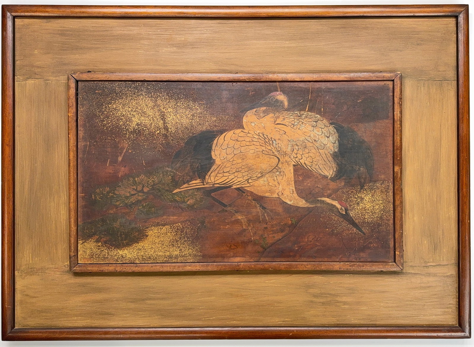 Old Asian Painting on Wood Panel.: The painting is marked "1800 A.D." on its reverse side. It is unknown if this is the correct time period of the painting or not. The painting portion measures 17" x 29 1/2". The frame measures 31 1/2"