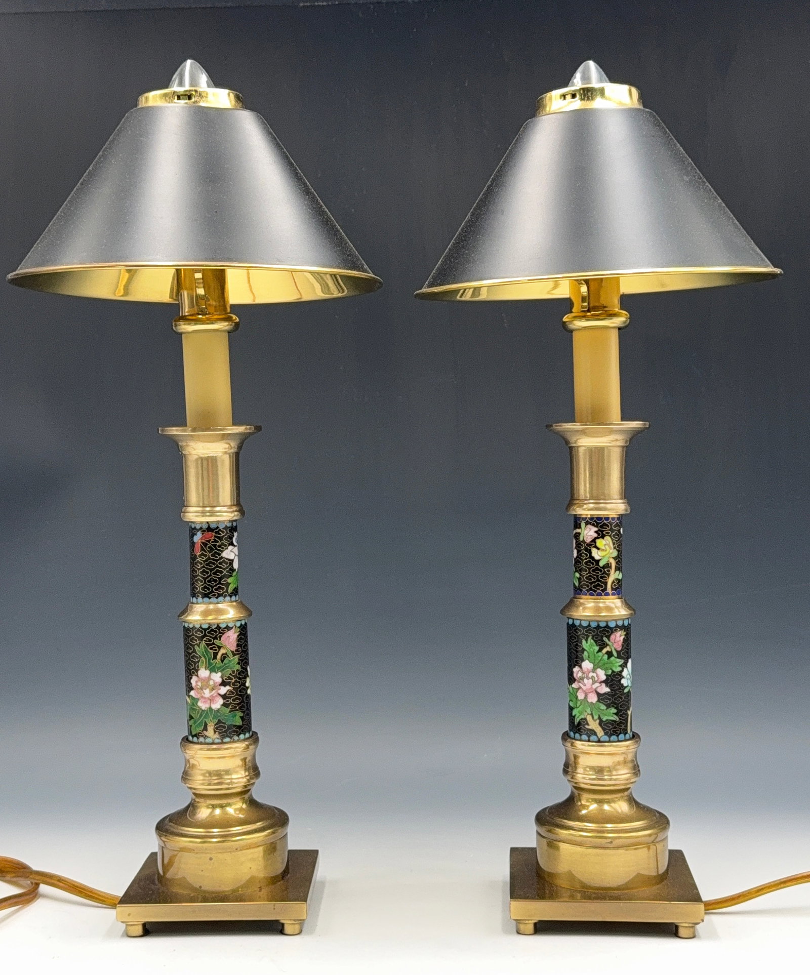 Pair of Brass & Cloisonne Candlestick Style Lamps. (1 of 4)