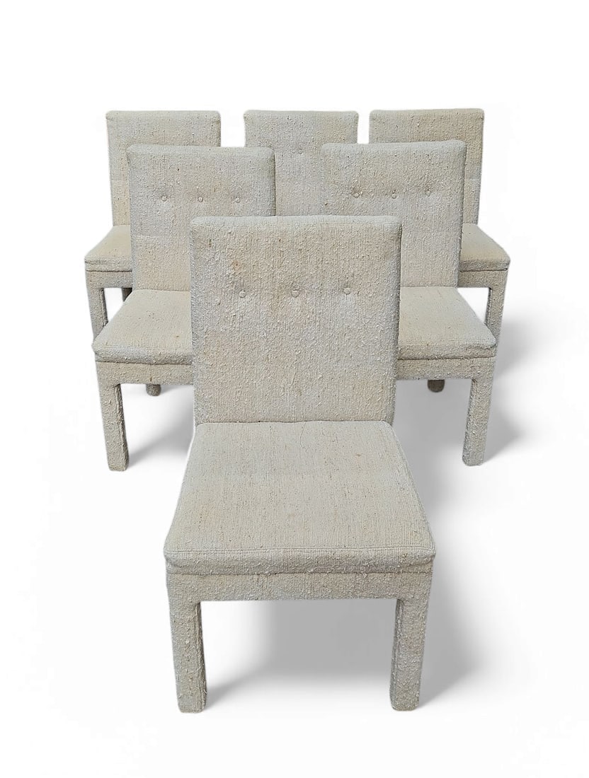 Set of 6 Completely Upholstered Dining Chairs.: The chairs have a cream colored textured fabric which appears to be worn. Each chair measures 38" x 20" x 21". There are some stains and pulled threads on the set. Third-party freight shipping or pers