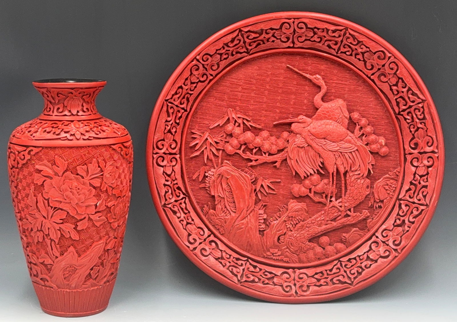 Chinese Red Cinnebar Large Plate & Vase. (1 of 4)