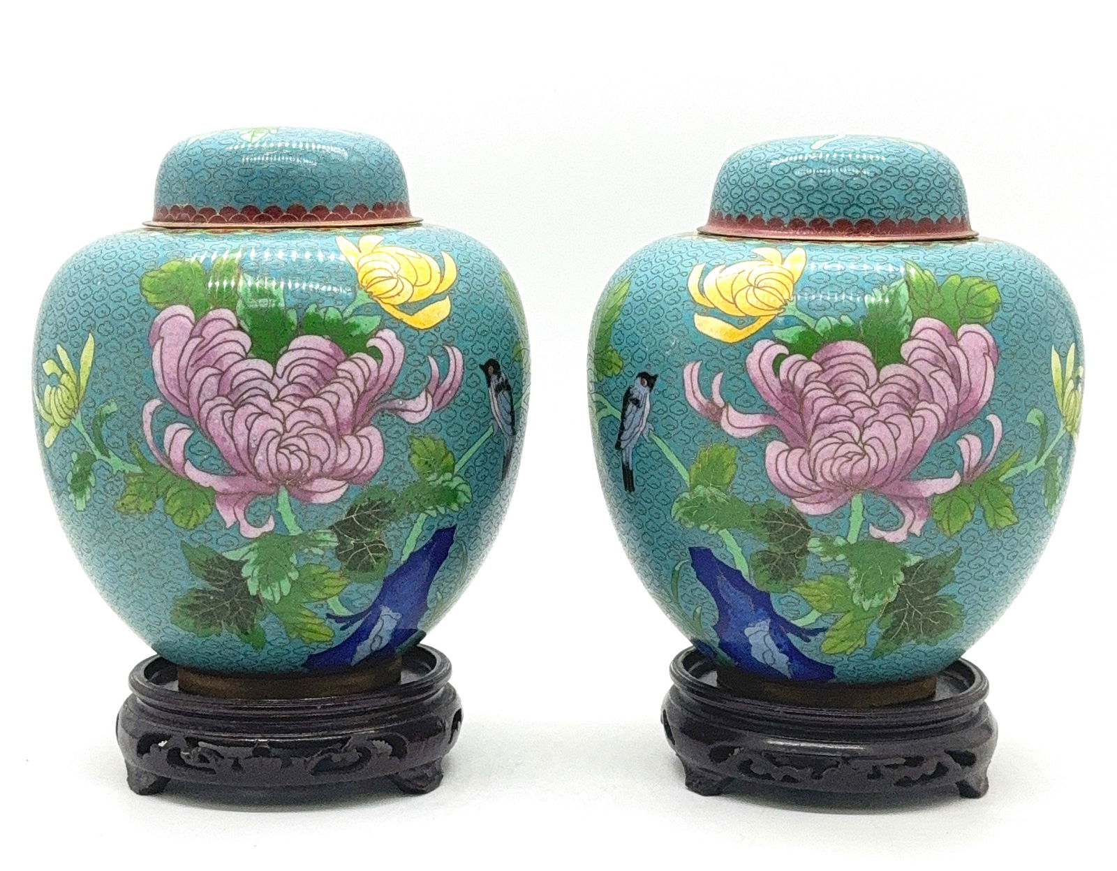 Pair of Chinese Cloisonne Covered Jars w/ Stands. (1 of 6)